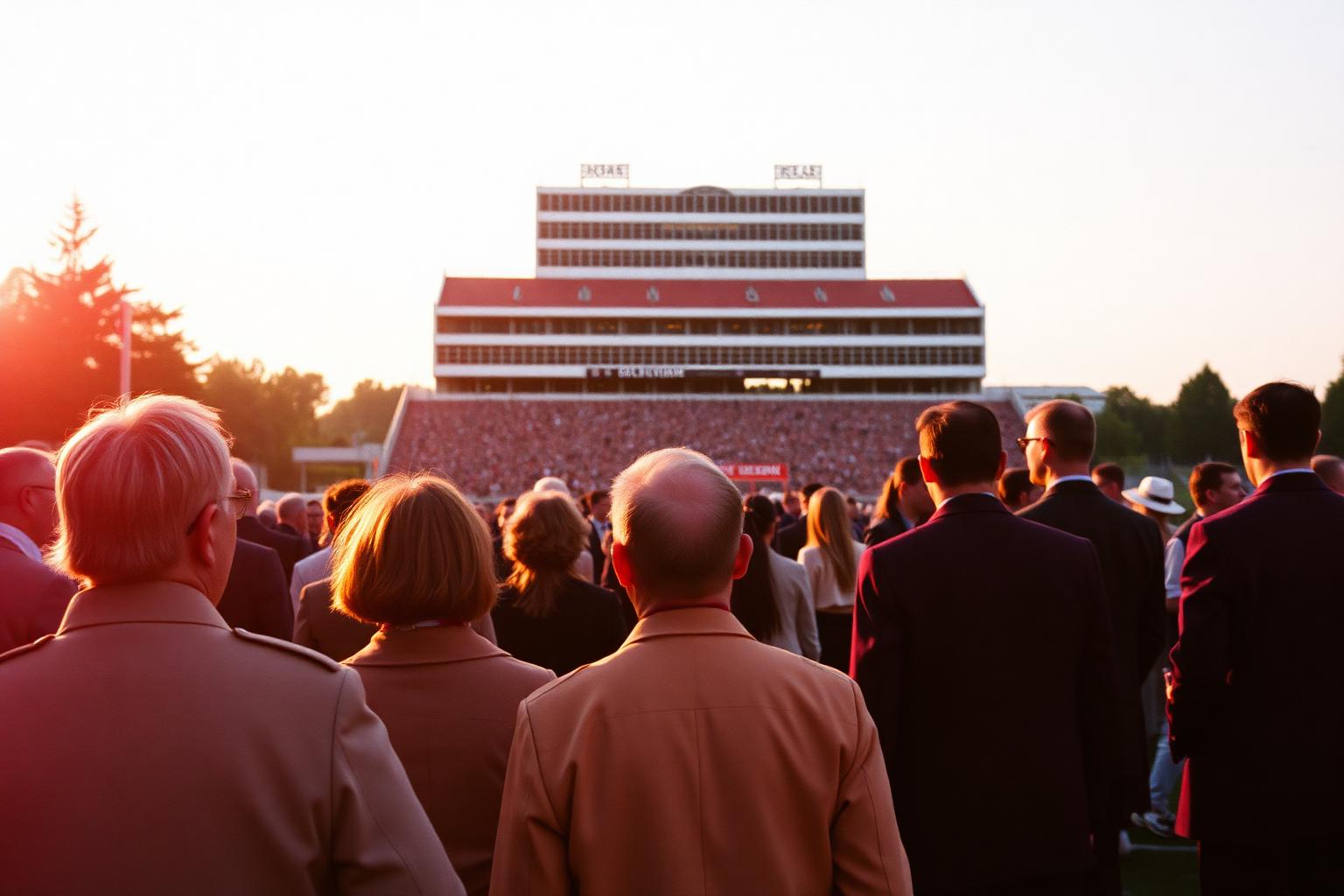 Tailgate crowd at golden hour